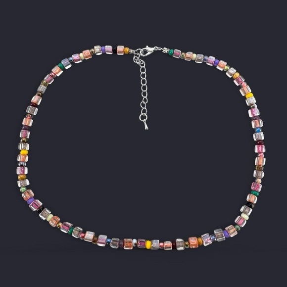 Multicolor Square Glass Bead Necklace - Picture 1 of 6
